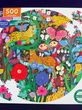 500 piece Eeboo Colorful Jungle Round Puzzle with Leopards & Butterflies